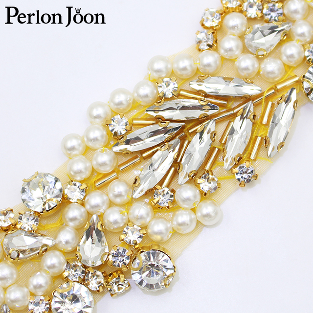 Złote ręcznie robione perły z aplikacją kryształową na pasek do sukni ślubnej - WH039 - Wianko - 2