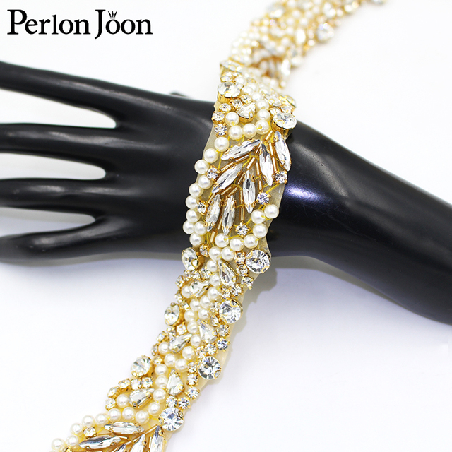 Złote ręcznie robione perły z aplikacją kryształową na pasek do sukni ślubnej - WH039 - Wianko - 1
