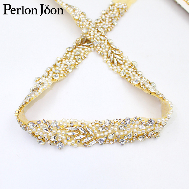 Złote ręcznie robione perły z aplikacją kryształową na pasek do sukni ślubnej - WH039 - Wianko - 4