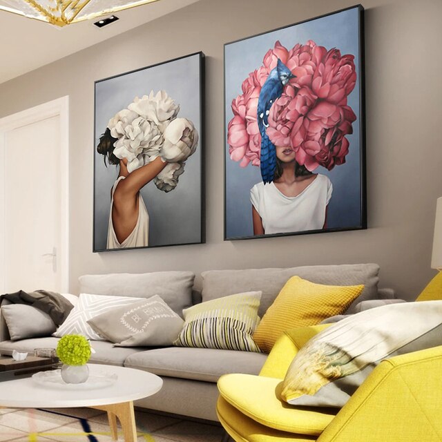 Plakat artystyczny abstrakcyjna kobieta z kwiatami na głowie - dekoracja ściany w nowoczesnym stylu skandynawskim - Wianko - 6