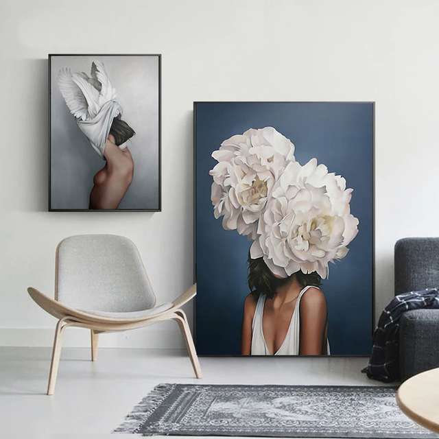 Plakat artystyczny abstrakcyjna kobieta z kwiatami na głowie - dekoracja ściany w nowoczesnym stylu skandynawskim - Wianko - 10