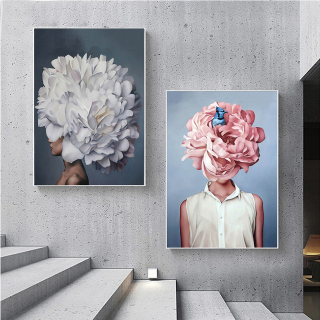 Plakat artystyczny abstrakcyjna kobieta z kwiatami na głowie - dekoracja ściany w nowoczesnym stylu skandynawskim - Wianko - 7