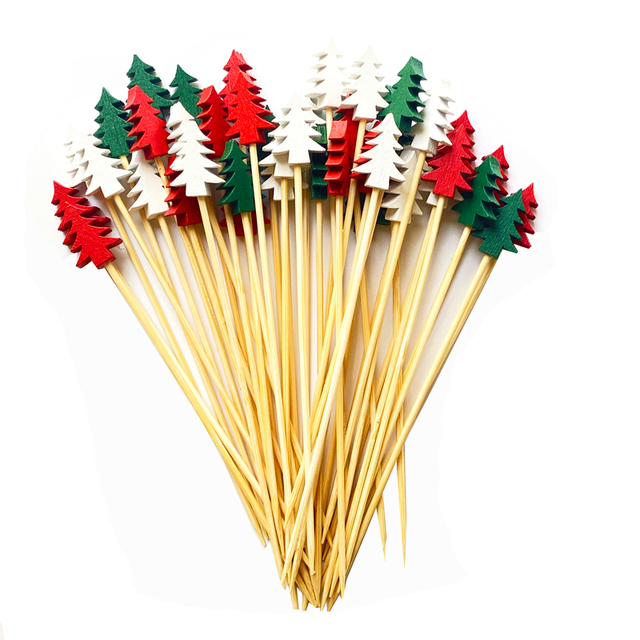 100 sztuk szaszłyków bambusowych do dekoracji świątecznych w kolorach czerwonym, zielonym i białym - idealne na kanapki, owoce i koktajle na domową imprezę - Wianko - 1