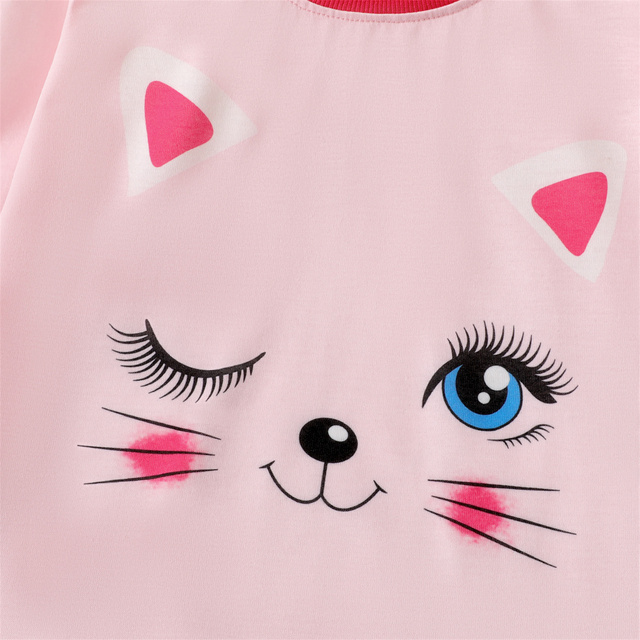 Zestaw piżam dla dziewczynki PatPat: bluza z długim rękawem z uroczym nadrukiem kota i spodnie ognioodporne - Wianko - 3