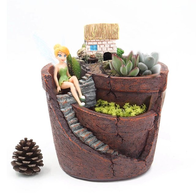 Figurka kwiat z żywicy w mini domku, kreatywna sadzarka do doniczki dla kaktusów i sukulentów - dekoracja ogrodowa - Wianko - 6