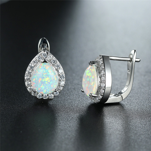 Kolczyki klipsy Opal w białym niebiesko-różowym złotym kolorze - luksusowy vintage styl, geometryczne wzory srebrnych kryształów, idealne na ślub - Wianko - 16