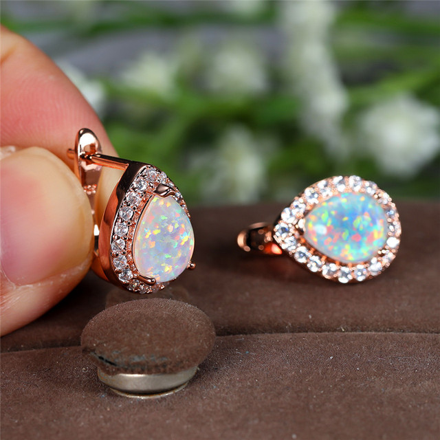 Kolczyki klipsy Opal w białym niebiesko-różowym złotym kolorze - luksusowy vintage styl, geometryczne wzory srebrnych kryształów, idealne na ślub - Wianko - 6
