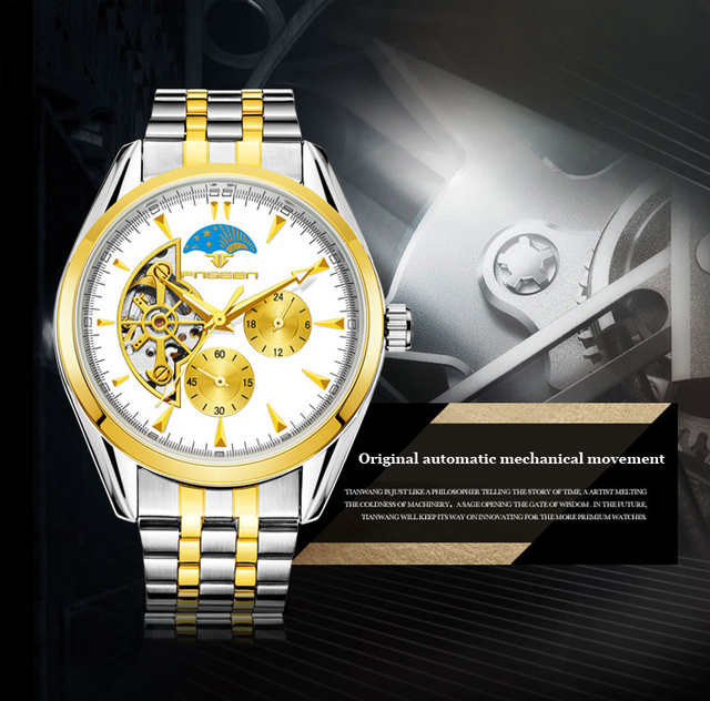 FNGEEN Męski zegarek mechaniczny wodoodporny, inspiracja: słońce, księżyc, gwiazda, trzy oczy, hollow - Wianko - 4