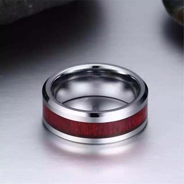 Pierścień zaręczynowy biżuteria ze stali nierdzewnej z inkrustacją czerwonego drewna modna i kreatywna - Wianko - 2