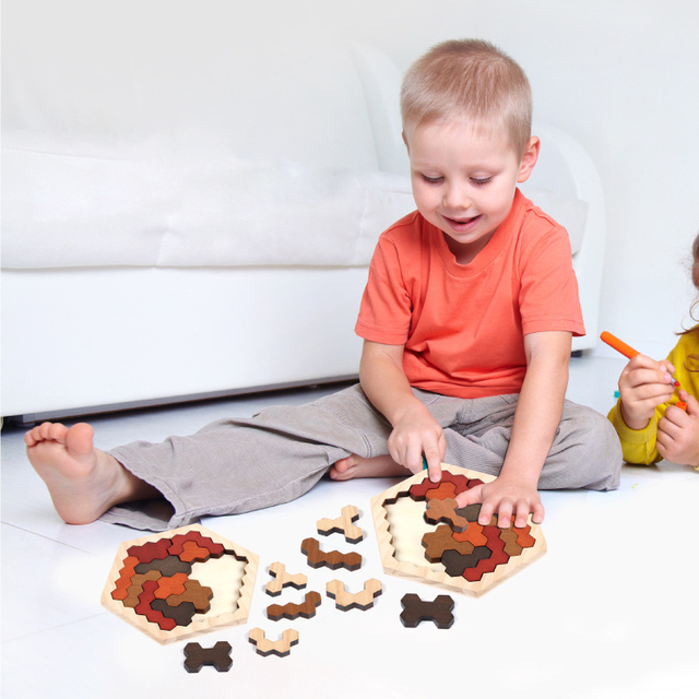 Honeycomb Puzzle - drewniana intelektualna zabawka Montessori dla dzieci - zestaw sześciokątnych puzzli Tangram - Wianko - 3