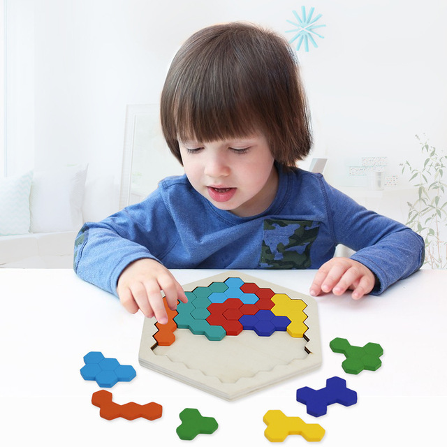 Honeycomb Puzzle - drewniana intelektualna zabawka Montessori dla dzieci - zestaw sześciokątnych puzzli Tangram - Wianko - 2