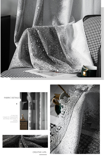 Luksusowe zasłony do sypialni w stylu retro - szary gradient z białymi kropkami, ozdobione koronką oraz delikatnymi bocznymi liśćmi - Wianko - 6