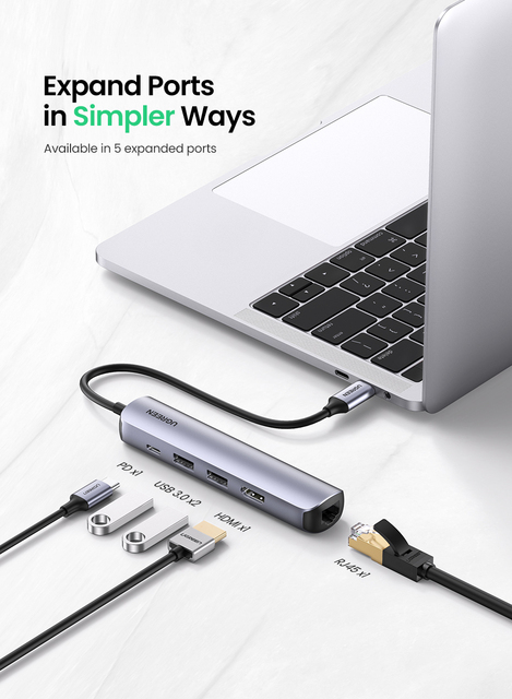 UGREEN Mini USB C Hub z HDMI, RJ45, USB 3.0 i USB C PD dla MacBook Air Pro 2020 PC Hub USB 3.1 OTG - Wianko - 2