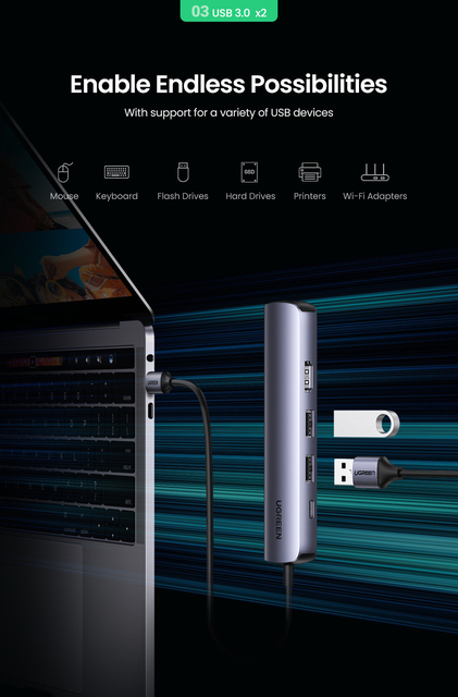 UGREEN Mini USB C Hub z HDMI, RJ45, USB 3.0 i USB C PD dla MacBook Air Pro 2020 PC Hub USB 3.1 OTG - Wianko - 7