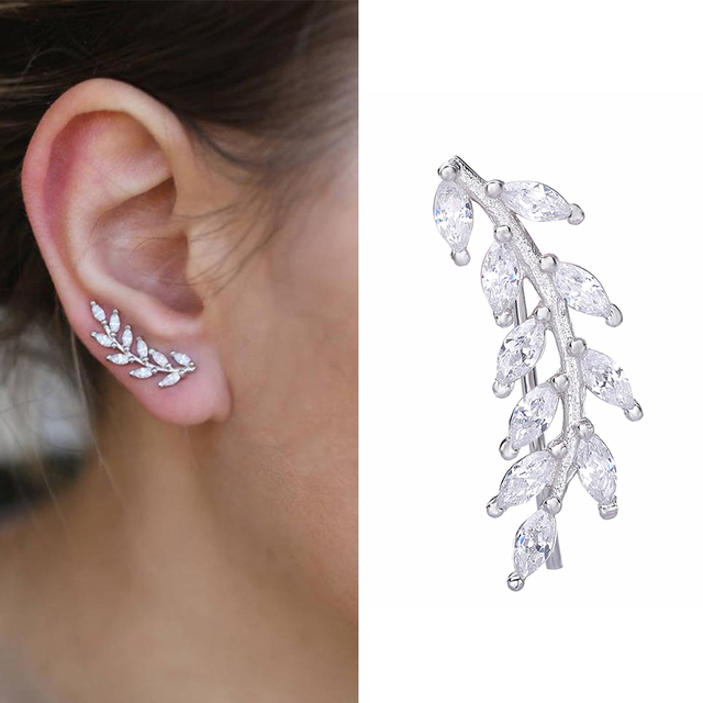 Kolczyki srebrne liście 925 Sterling Slovecabin do prawego ucha - kryształ cyrkon czysty - modna biżuteria 2019 - Wianko - 1