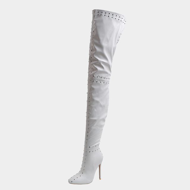 Arden Furtado - Damskie buty za kolano z błyszczącą skórą, wiosna/zima 2022, szpiczasty nosek, szpilki, modne nity - Wianko - 17