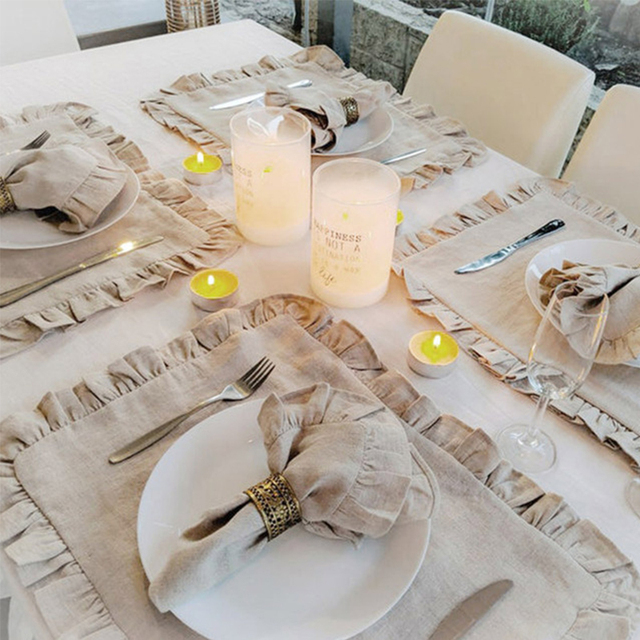 Podkładka stołowa z falbanką - 4 szt., czysty len, klasyczny design, 100% serwetki, idealne do domu, restauracji i wesela, jednolity kolor - Wianko - 5