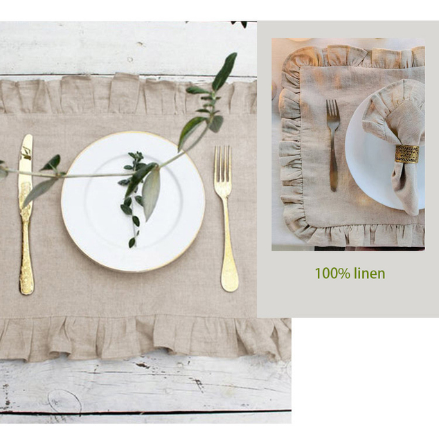 Podkładka stołowa z falbanką - 4 szt., czysty len, klasyczny design, 100% serwetki, idealne do domu, restauracji i wesela, jednolity kolor - Wianko - 3