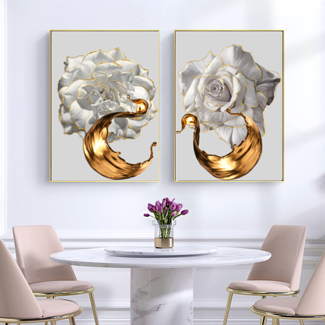 Nordycki abstrakcyjny obraz złoty kwiat na płótnie - dekoracyjne zdjęcia do salonu bez ramki - Wianko - 3