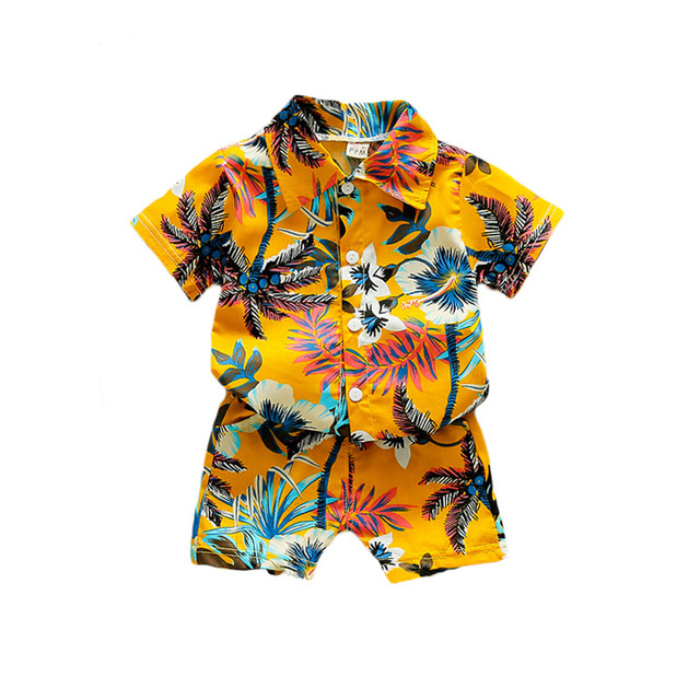 Zestaw ubrań dziecięcych: koszulka z nadrukiem drzewa kokosowego i spodenki w kratę - Wianko - 1