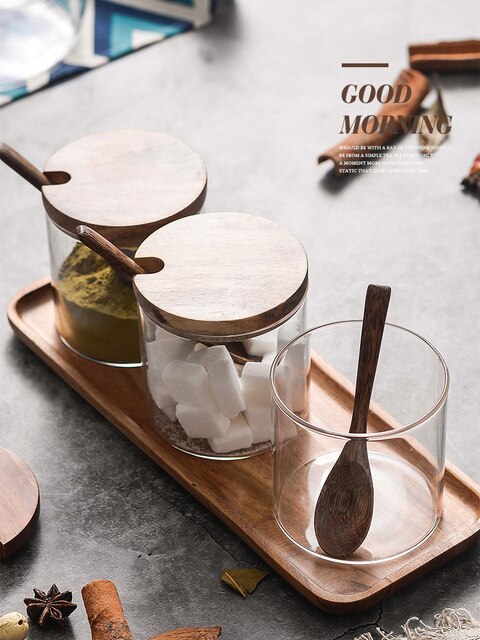Zestaw do przypraw: pudełko przezroczyste szklane słoik trzyczęściowy, drewniana solniczka i cukiernicza miska z łyżką - Wianko - 15