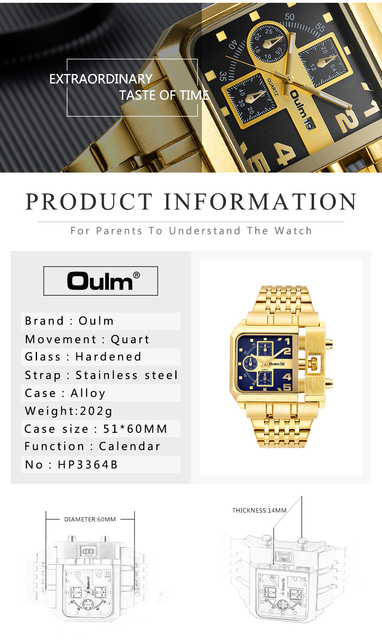 Zegarek męski Oulm Hot ze stali nierdzewnej, złoty, wielka tarcza, marka Top, z funkcją autodaty - Wianko - 3