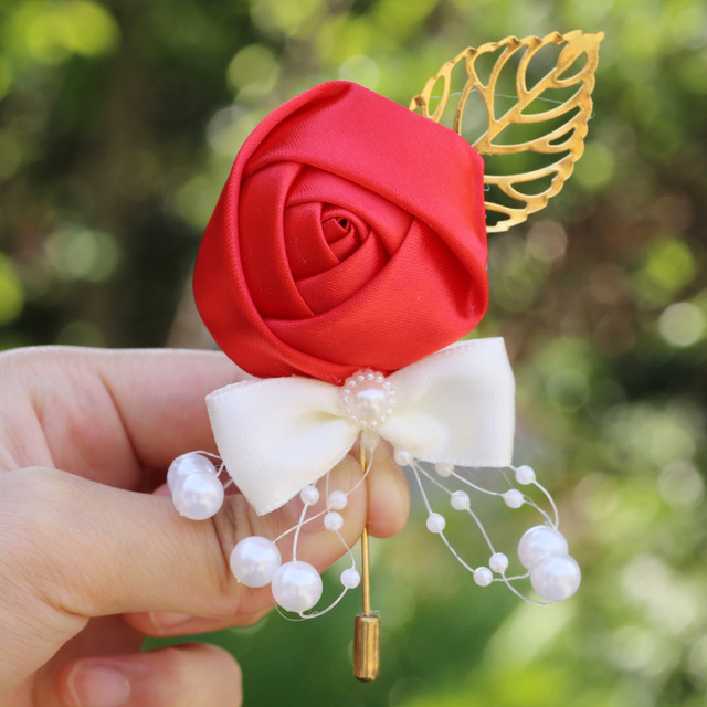 Pan młody drużba: Boutonniere na imprezę, bal, garnitur dla mężczyzn - Handmade satynowa róża, nowy styl pani, tkaniny broszka kwiat - Wianko - 9