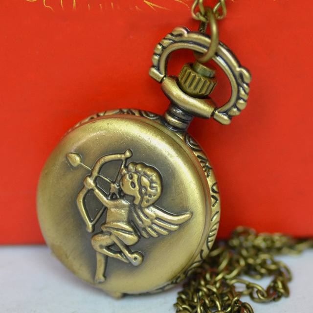 Zegarek kieszonkowy stylu wiktoriańskiego z aniołkiem Kupidynem i łańcuszkiem - 12 sztuk/partia - Wianko - 2