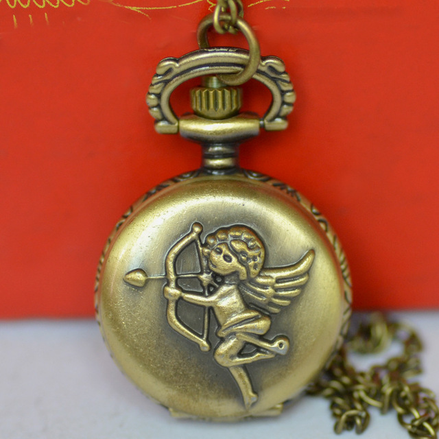 Zegarek kieszonkowy stylu wiktoriańskiego z aniołkiem Kupidynem i łańcuszkiem - 12 sztuk/partia - Wianko - 1