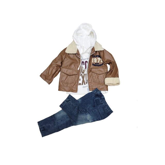 Dziecięcy zestaw odzieży sportowej dla chłopców: kurtka futro szczegóły Faux skórzana, spodnie dżinsowe i garnitur (1127) - Wianko - 1