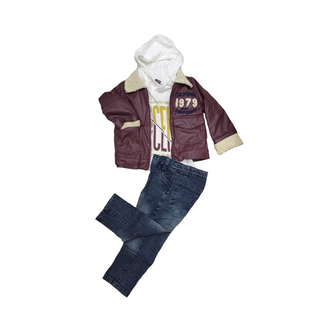 Dziecięcy zestaw odzieży sportowej dla chłopców: kurtka futro szczegóły Faux skórzana, spodnie dżinsowe i garnitur (1127) - Wianko - 2