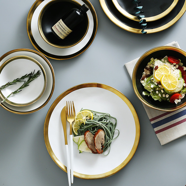Zestaw obiadowy ceramiczny - złota wkładka, talerz i miska z krawędzią, zastawa stołowa złoto-biała i czarna - Wianko - 3