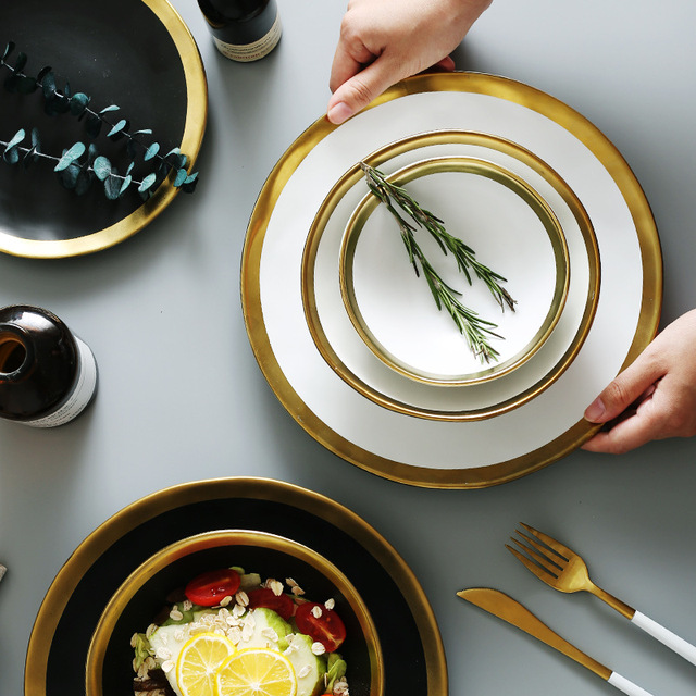 Zestaw obiadowy ceramiczny - złota wkładka, talerz i miska z krawędzią, zastawa stołowa złoto-biała i czarna - Wianko - 4