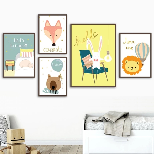 Plakat na płótnie ze ślicznymi zwierzętami kreskówkowymi: królik, lis, niedźwiedź, kot, pies - do pokoju dziecięcego - Wianko - 3