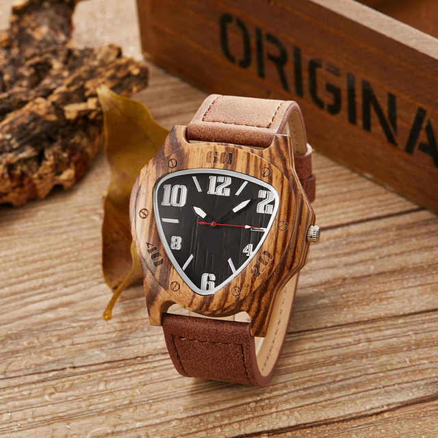 Męski zegarek z drewnianym trójkątnym kopertem, wykonany z naturalnego bambusa, z brązowym skórzanym paskiem - Wianko - 10