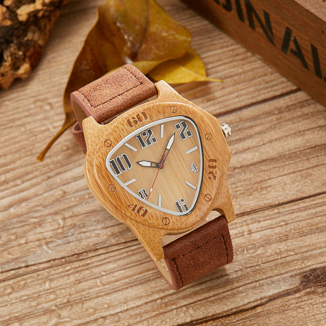 Męski zegarek z drewnianym trójkątnym kopertem, wykonany z naturalnego bambusa, z brązowym skórzanym paskiem - Wianko - 12