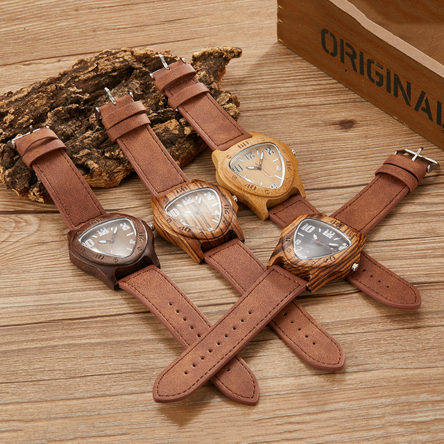 Męski zegarek z drewnianym trójkątnym kopertem, wykonany z naturalnego bambusa, z brązowym skórzanym paskiem - Wianko - 3