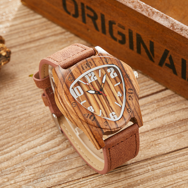 Męski zegarek z drewnianym trójkątnym kopertem, wykonany z naturalnego bambusa, z brązowym skórzanym paskiem - Wianko - 6