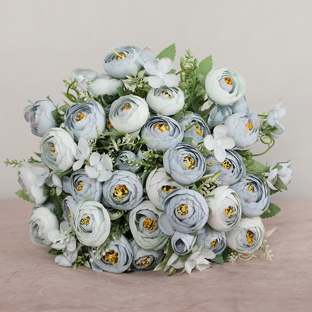 Niebieski bukiet sztucznych kwiatów: piwonia, herbata róża, jesienne kwiaty jedwabne - dekoracja DIY do salonu, domu i ogrodu - Wianko - 6