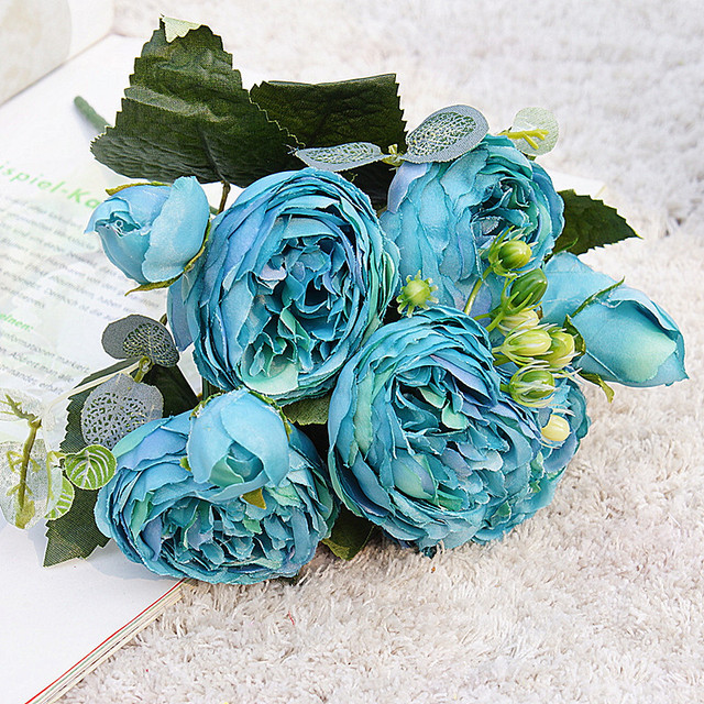 Niebieski bukiet sztucznych kwiatów: piwonia, herbata róża, jesienne kwiaty jedwabne - dekoracja DIY do salonu, domu i ogrodu - Wianko - 1