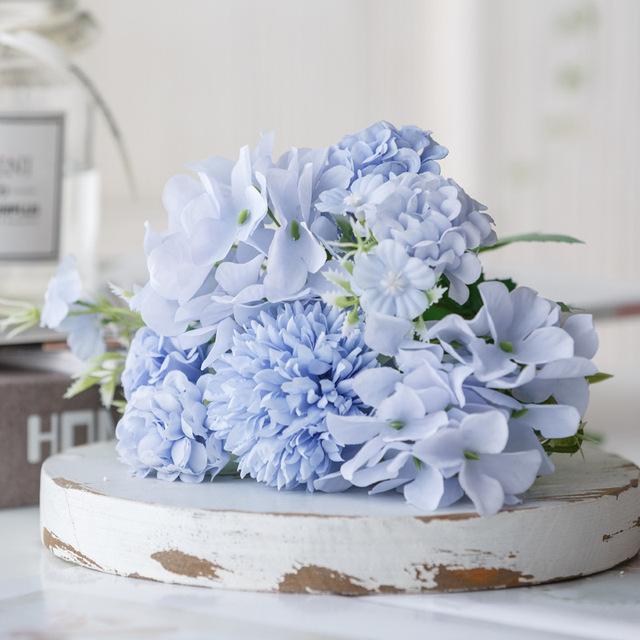 Niebieski bukiet sztucznych kwiatów: piwonia, herbata róża, jesienne kwiaty jedwabne - dekoracja DIY do salonu, domu i ogrodu - Wianko - 2