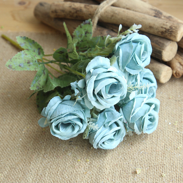 Niebieski bukiet sztucznych kwiatów: piwonia, herbata róża, jesienne kwiaty jedwabne - dekoracja DIY do salonu, domu i ogrodu - Wianko - 5