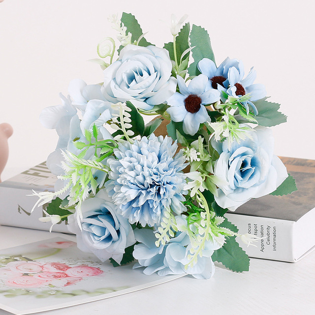 Niebieski bukiet sztucznych kwiatów: piwonia, herbata róża, jesienne kwiaty jedwabne - dekoracja DIY do salonu, domu i ogrodu - Wianko - 8