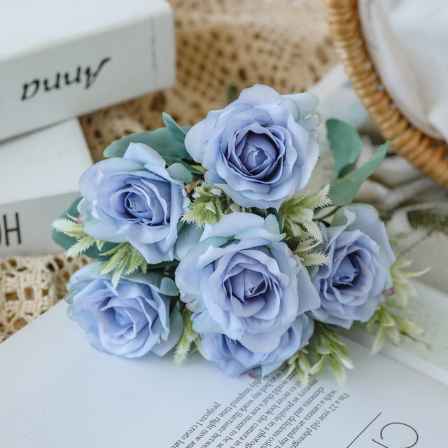 Niebieski bukiet sztucznych kwiatów: piwonia, herbata róża, jesienne kwiaty jedwabne - dekoracja DIY do salonu, domu i ogrodu - Wianko - 9
