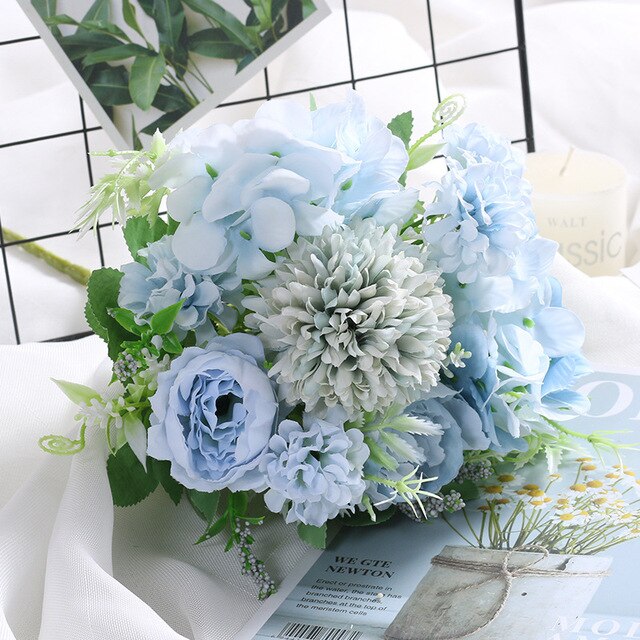 Niebieski bukiet sztucznych kwiatów: piwonia, herbata róża, jesienne kwiaty jedwabne - dekoracja DIY do salonu, domu i ogrodu - Wianko - 7