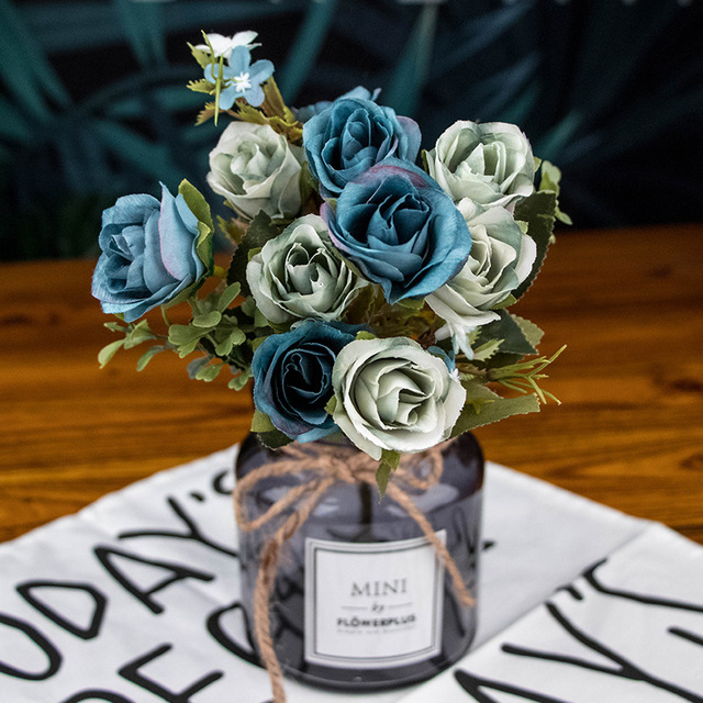 Niebieski bukiet sztucznych kwiatów: piwonia, herbata róża, jesienne kwiaty jedwabne - dekoracja DIY do salonu, domu i ogrodu - Wianko - 3
