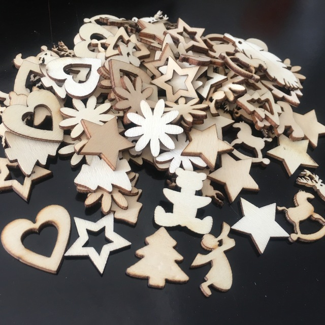 100 sztuk małych drewnianych naklejek na Boże Narodzenie - serce, choinka, anioł, łoś, gwiazda, kwiat - dekoracje DIY na imprezę świąteczną - Wianko - 1