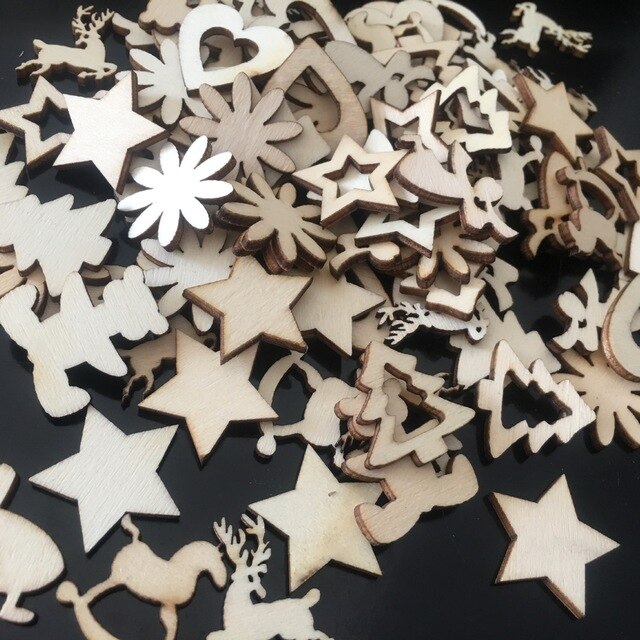 100 sztuk małych drewnianych naklejek na Boże Narodzenie - serce, choinka, anioł, łoś, gwiazda, kwiat - dekoracje DIY na imprezę świąteczną - Wianko - 4