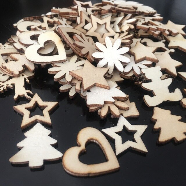 100 sztuk małych drewnianych naklejek na Boże Narodzenie - serce, choinka, anioł, łoś, gwiazda, kwiat - dekoracje DIY na imprezę świąteczną - Wianko - 3