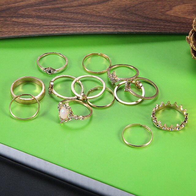 Pierścionek Retro Opal z koroną diamentową i wzorem gwiazdy księżyca - zestaw 13 sztuk biżuterii dla par - Wianko - 3